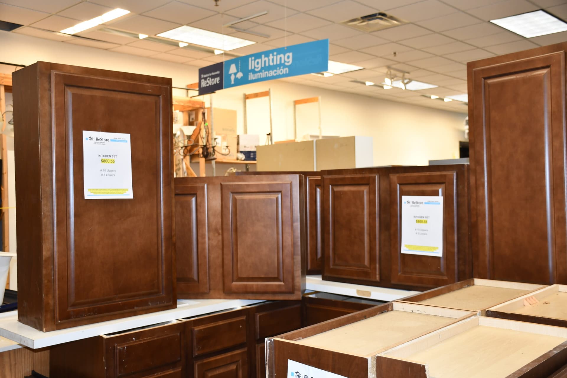 Wooden cabinet displays in store