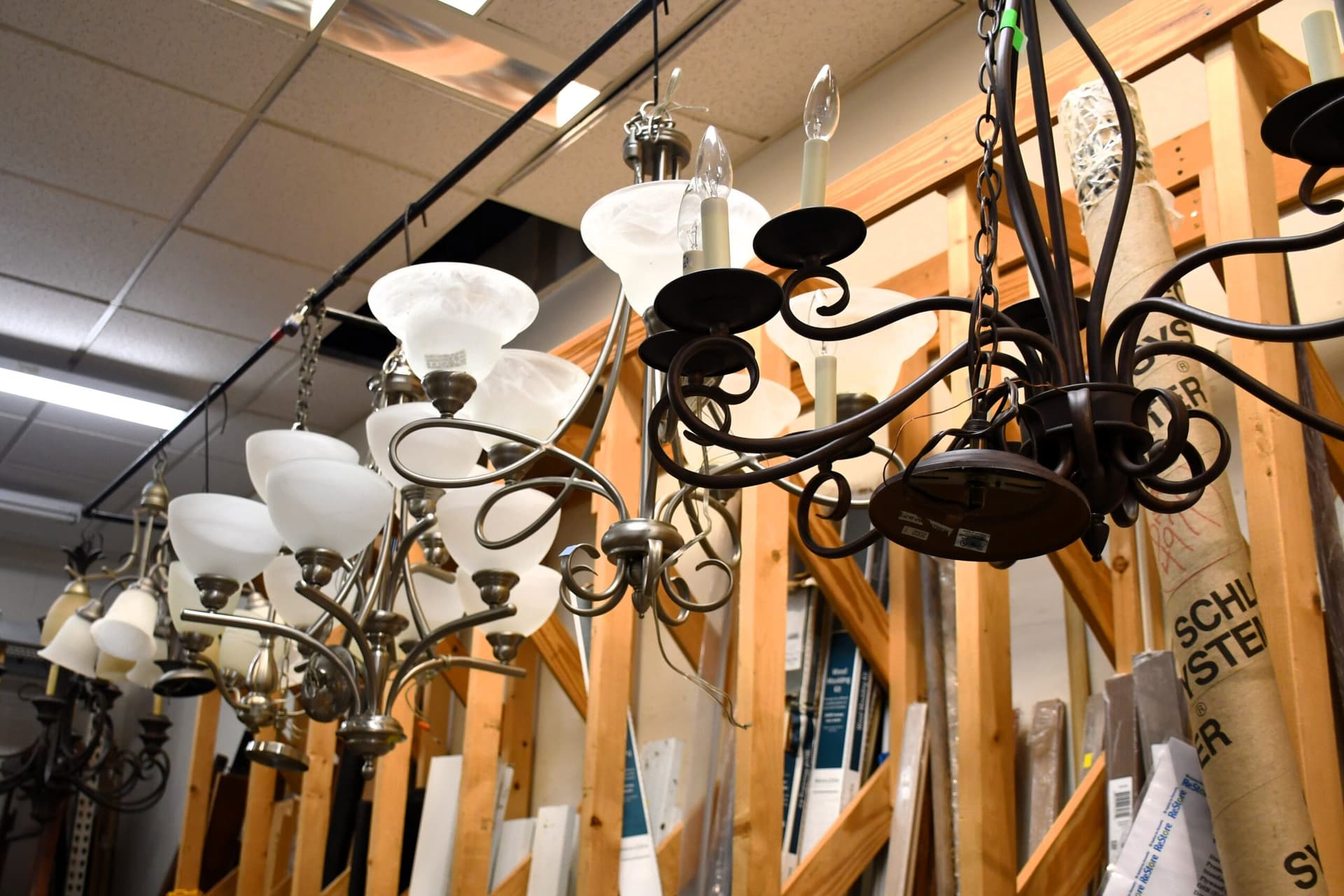 Hanging chandeliers and light fixtures